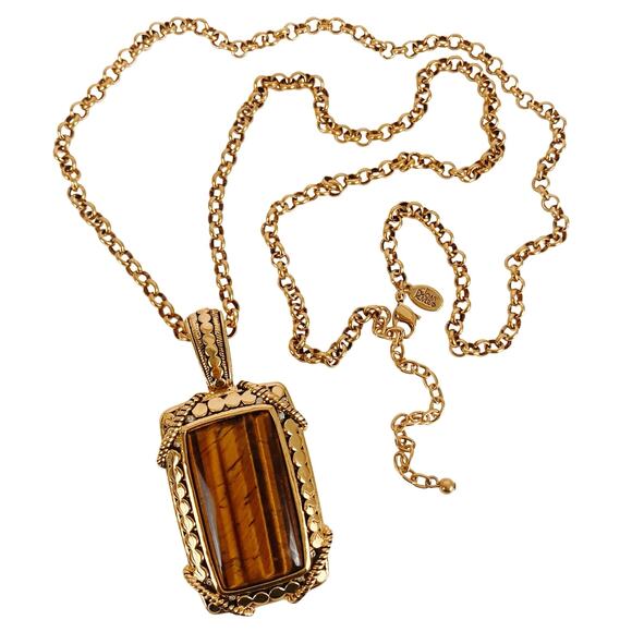 Signed Joan Rivers Tiger Eye Hinged Bail Pendant Gold Tone Necklace 33" Vintage - Picture 4 of 14